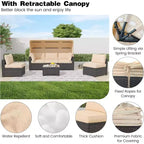 Set di mobili da giardino, 6 pezzi in rattan sintetico da esterno con tettuccio retrattile e morbidi cuscini, divano componibile e tavolo con contenitore, cuscini beige