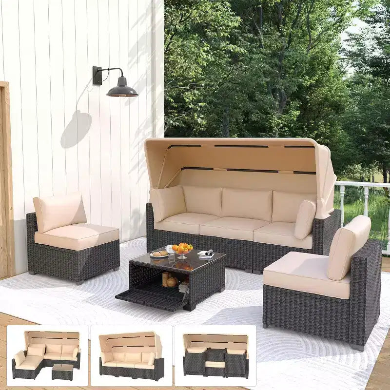 Set di mobili da giardino, 6 pezzi in rattan sintetico da esterno con tettuccio retrattile e morbidi cuscini, divano componibile e tavolo con contenitore, cuscini beige