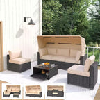 Set di mobili da giardino, 6 pezzi in rattan sintetico da esterno con tettuccio retrattile e morbidi cuscini, divano componibile e tavolo con contenitore, cuscini beige