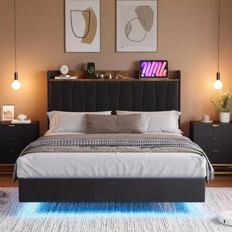 Struttura Letto, Letto a Piattaforma Flottante con Testiera, Porte di Ricarica, Base Letto Moderna Imbottita con Robuste Doghe in Legno, Nessuna Rete a Molle Necessaria