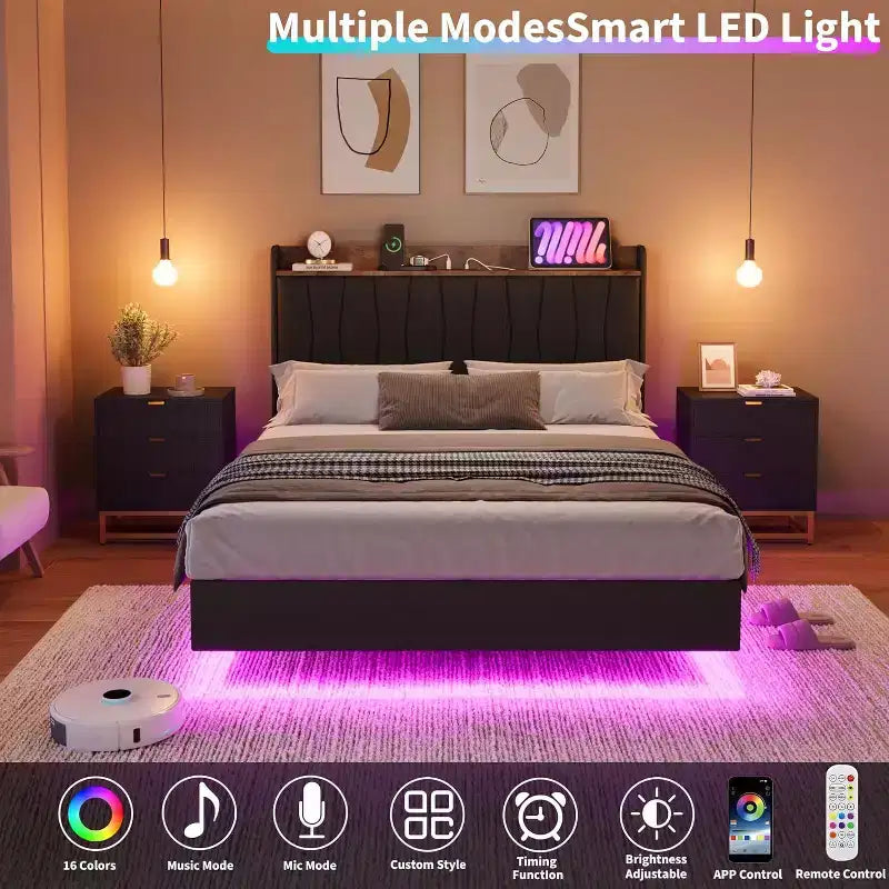 Struttura Letto, Letto a Piattaforma Flottante con Testiera, Porte di Ricarica, Base Letto Moderna Imbottita con Robuste Doghe in Legno, Nessuna Rete a Molle Necessaria