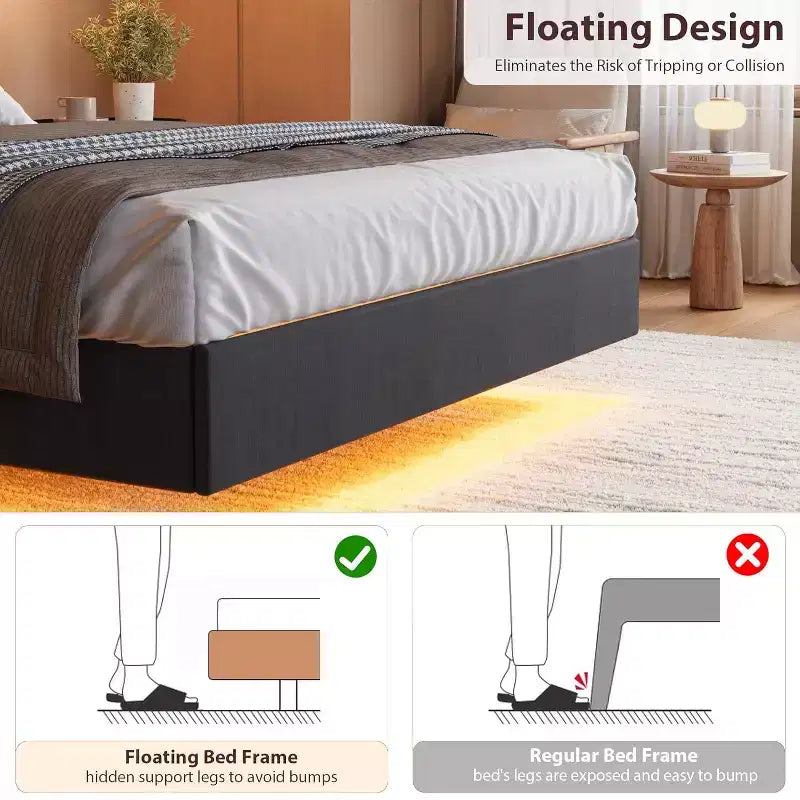 Struttura Letto, Letto a Piattaforma Flottante con Testiera, Porte di Ricarica, Base Letto Moderna Imbottita con Robuste Doghe in Legno, Nessuna Rete a Molle Necessaria