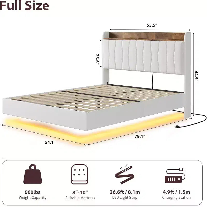 Struttura Letto, Letto a Piattaforma Flottante con Testiera, Porte di Ricarica, Base Letto Moderna Imbottita con Robuste Doghe in Legno, Nessuna Rete a Molle Necessaria