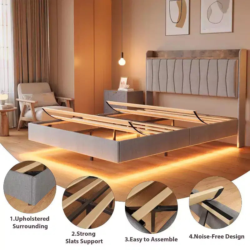 Struttura Letto, Letto a Piattaforma Flottante con Testiera, Porte di Ricarica, Base Letto Moderna Imbottita con Robuste Doghe in Legno, Nessuna Rete a Molle Necessaria