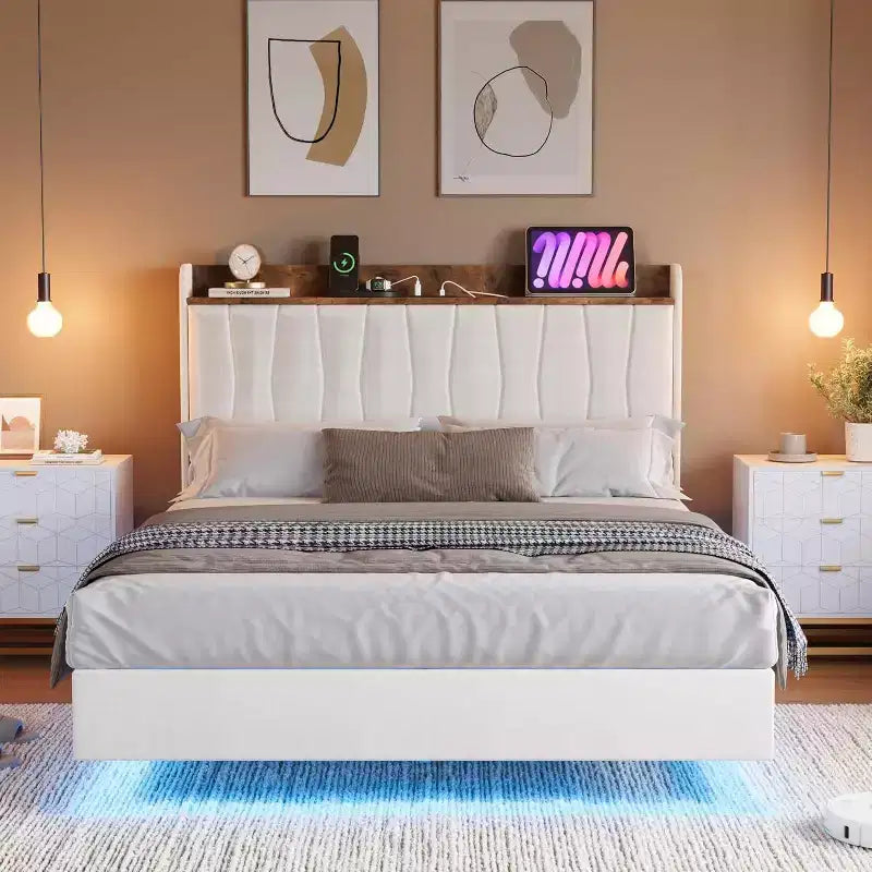 Struttura Letto, Letto a Piattaforma Flottante con Testiera, Porte di Ricarica, Base Letto Moderna Imbottita con Robuste Doghe in Legno, Nessuna Rete a Molle Necessaria