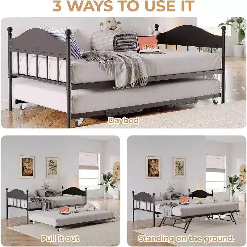 Letto a giorno in metallo matrimoniale, letto a giorno con letto estraibile, con elegante testiera, struttura divano letto, per soggiorno, camera da letto e camera degli ospiti