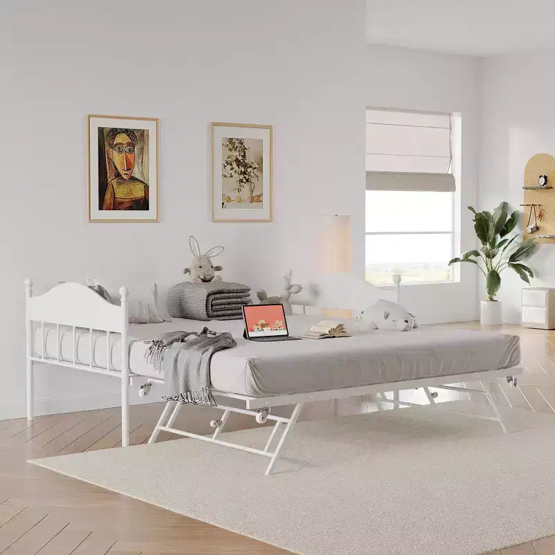 Letto a giorno in metallo matrimoniale, letto a giorno con letto estraibile, con elegante testiera, struttura divano letto, per soggiorno, camera da letto e camera degli ospiti