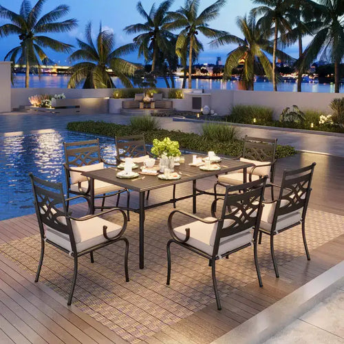 Captiva Designs 7pc Patio Slatted Top Steel Dining Table & Metal Chairs with Seat Cushions and Waist Pillows