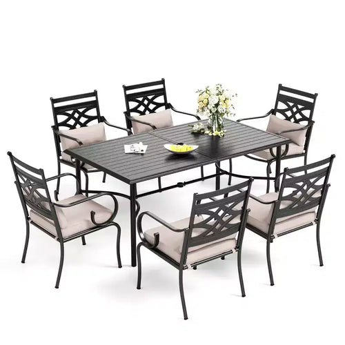 Captiva Designs Set da 7 Pezzi da Esterno con Tavolo da Pranzo in Acciaio con Piano a Doghe e Sedie in Metallo con Cuscini per Seduta e Cuscini Lombari