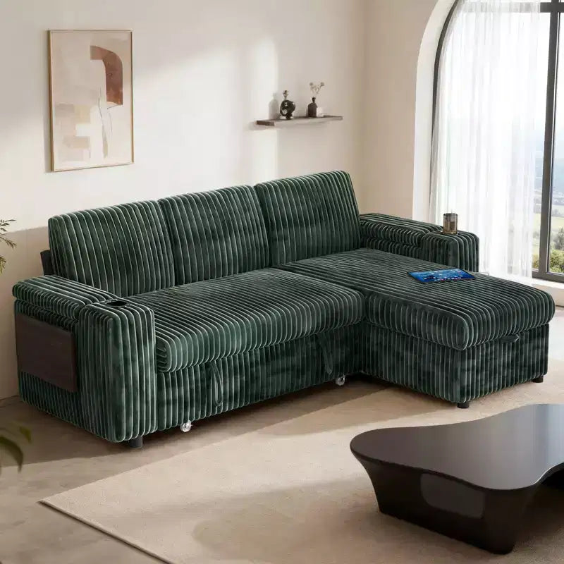 Divano a L modulare a 3 posti Dyonery85 con comodo schienale | Porte USB | Portabicchieri | Tavolino laterale | Braccioli con chaise longue contenitore