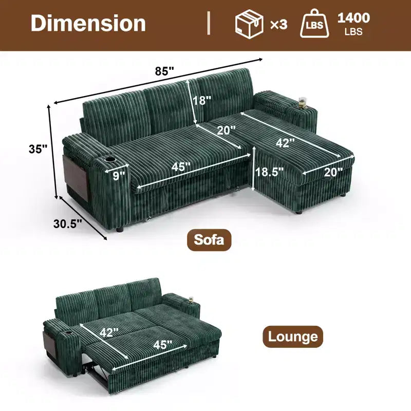 Divano a L modulare a 3 posti Dyonery85 con comodo schienale | Porte USB | Portabicchieri | Tavolino laterale | Braccioli con chaise longue contenitore