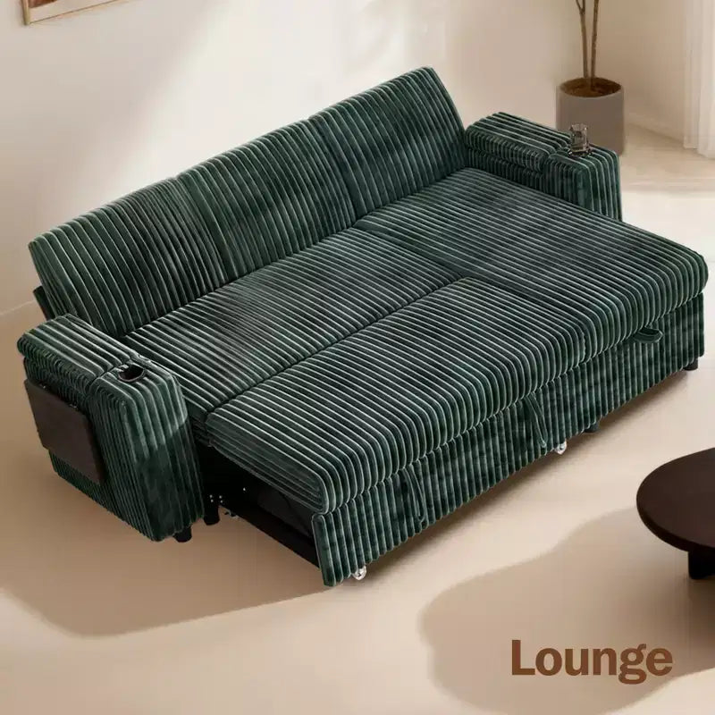 Divano a L modulare a 3 posti Dyonery85 con comodo schienale | Porte USB | Portabicchieri | Tavolino laterale | Braccioli con chaise longue contenitore