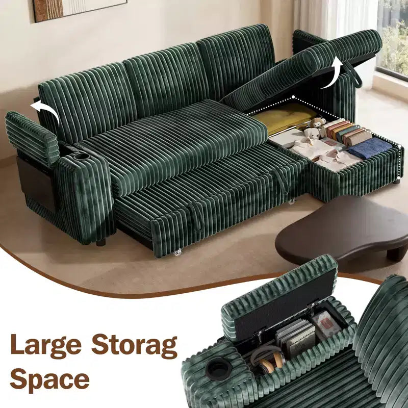 Divano a L modulare a 3 posti Dyonery85 con comodo schienale | Porte USB | Portabicchieri | Tavolino laterale | Braccioli con chaise longue contenitore