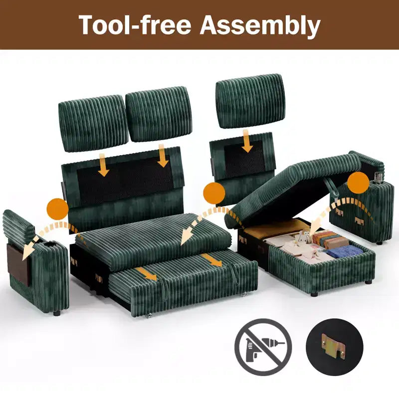 Divano a L modulare a 3 posti Dyonery85 con comodo schienale | Porte USB | Portabicchieri | Tavolino laterale | Braccioli con chaise longue contenitore