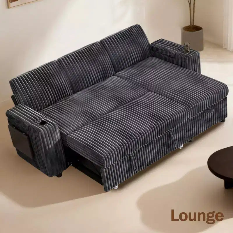 Divano a L modulare a 3 posti Dyonery85 con comodo schienale | Porte USB | Portabicchieri | Tavolino laterale | Braccioli con chaise longue contenitore
