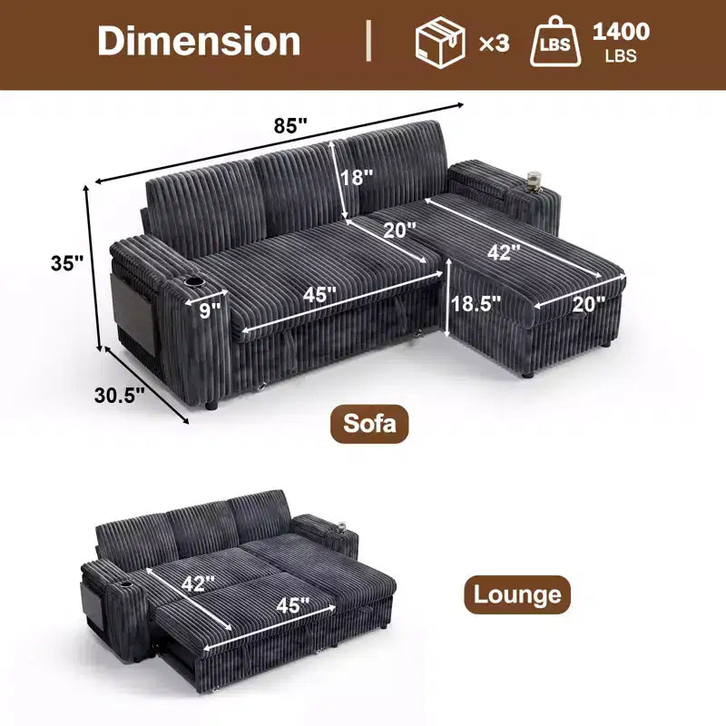 Divano a L modulare a 3 posti Dyonery85 con comodo schienale | Porte USB | Portabicchieri | Tavolino laterale | Braccioli con chaise longue contenitore