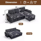 Divano a L modulare a 3 posti Dyonery85 con comodo schienale | Porte USB | Portabicchieri | Tavolino laterale | Braccioli con chaise longue contenitore