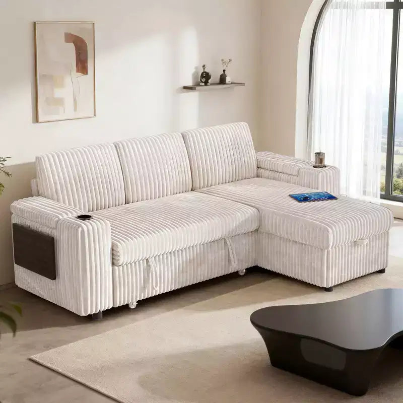 Divano a L modulare a 3 posti Dyonery85 con comodo schienale | Porte USB | Portabicchieri | Tavolino laterale | Braccioli con chaise longue contenitore