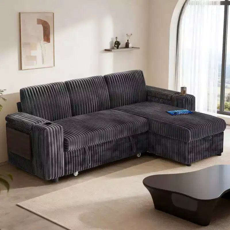 Divano a L modulare a 3 posti Dyonery85 con comodo schienale | Porte USB | Portabicchieri | Tavolino laterale | Braccioli con chaise longue contenitore