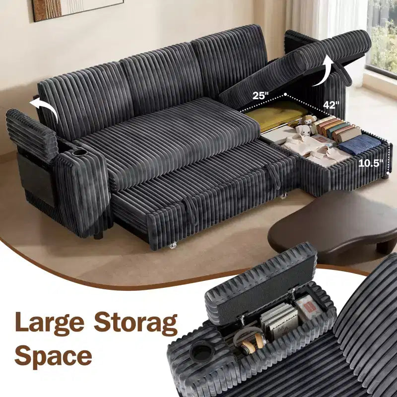 Divano a L modulare a 3 posti Dyonery85 con comodo schienale | Porte USB | Portabicchieri | Tavolino laterale | Braccioli con chaise longue contenitore