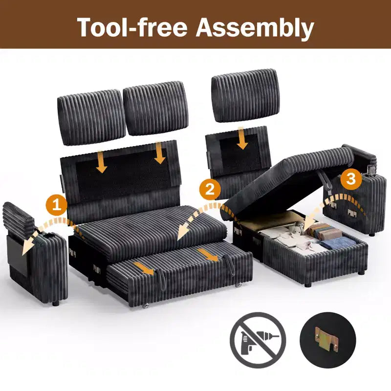 Divano a L modulare a 3 posti Dyonery85 con comodo schienale | Porte USB | Portabicchieri | Tavolino laterale | Braccioli con chaise longue contenitore