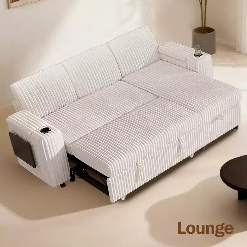 Divano a L modulare a 3 posti Dyonery85 con comodo schienale | Porte USB | Portabicchieri | Tavolino laterale | Braccioli con chaise longue contenitore