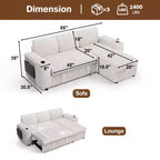 Divano a L modulare a 3 posti Dyonery85 con comodo schienale | Porte USB | Portabicchieri | Tavolino laterale | Braccioli con chaise longue contenitore