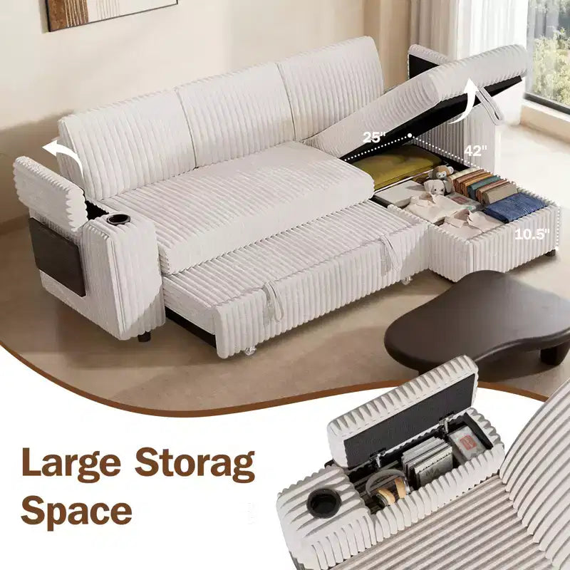 Divano a L modulare a 3 posti Dyonery85 con comodo schienale | Porte USB | Portabicchieri | Tavolino laterale | Braccioli con chaise longue contenitore