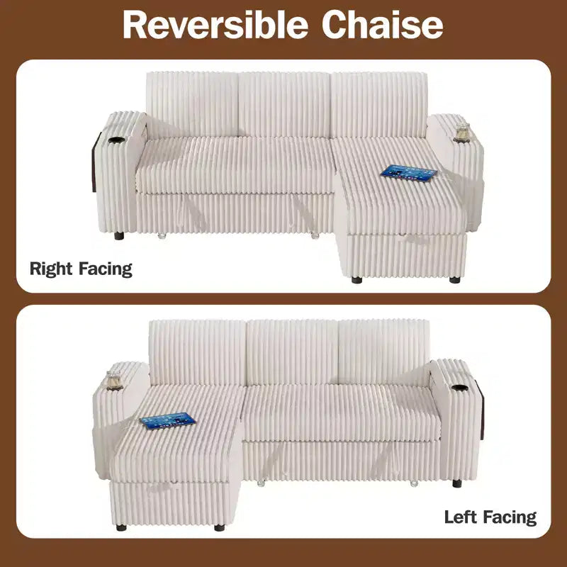 Divano a L modulare a 3 posti Dyonery85 con comodo schienale | Porte USB | Portabicchieri | Tavolino laterale | Braccioli con chaise longue contenitore
