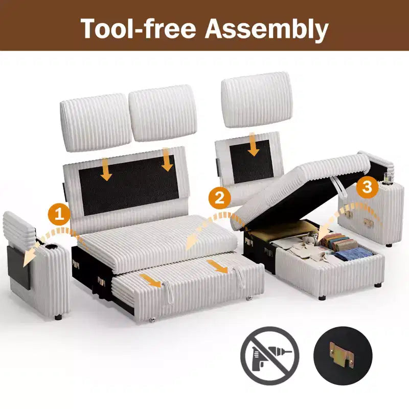 Divano a L modulare a 3 posti Dyonery85 con comodo schienale | Porte USB | Portabicchieri | Tavolino laterale | Braccioli con chaise longue contenitore