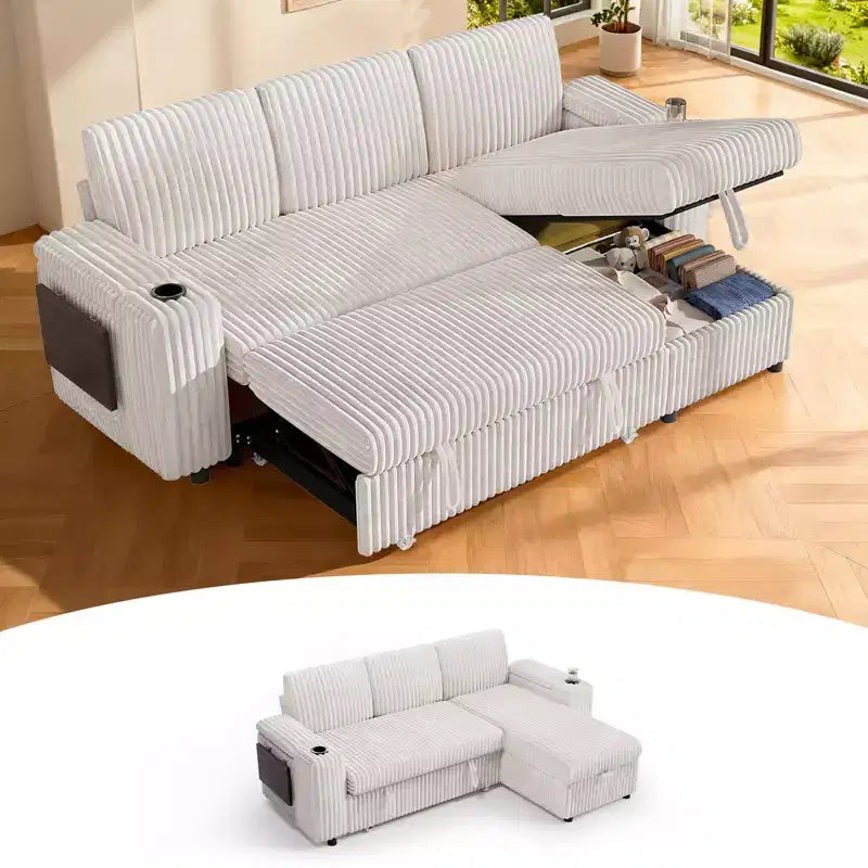 Dyonery85 Modular 3 Seat L Shaped Couch with comfortable Backrest|USB Ports|Cup Holders|Side Table|Storage Chaise Armrests