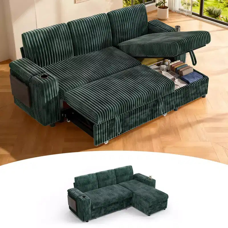 Divano a L modulare a 3 posti Dyonery85 con comodo schienale | Porte USB | Portabicchieri | Tavolino laterale | Braccioli con chaise longue contenitore