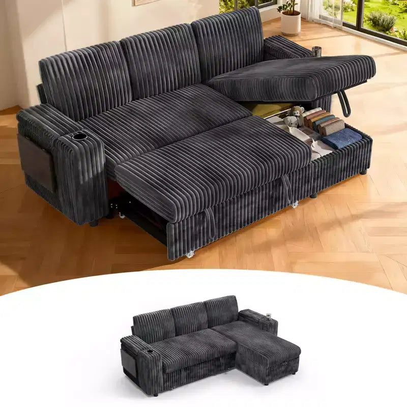 Divano a L modulare a 3 posti Dyonery85 con comodo schienale | Porte USB | Portabicchieri | Tavolino laterale | Braccioli con chaise longue contenitore