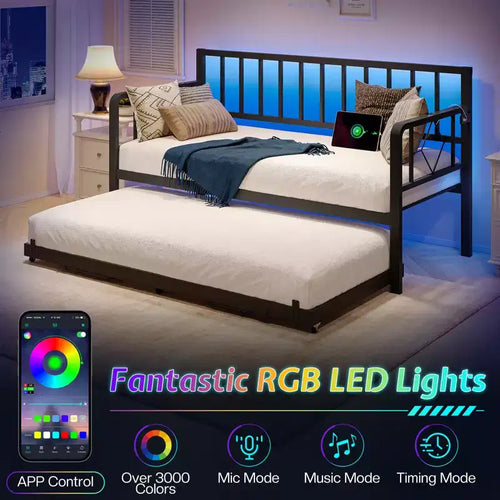 AMERLIFE Divano Letto Singolo con Stazione di Ricarica e Luci a LED, Divano Letto con Letto Estraibile per Soggiorno, Camera da Letto, Camera degli Ospiti