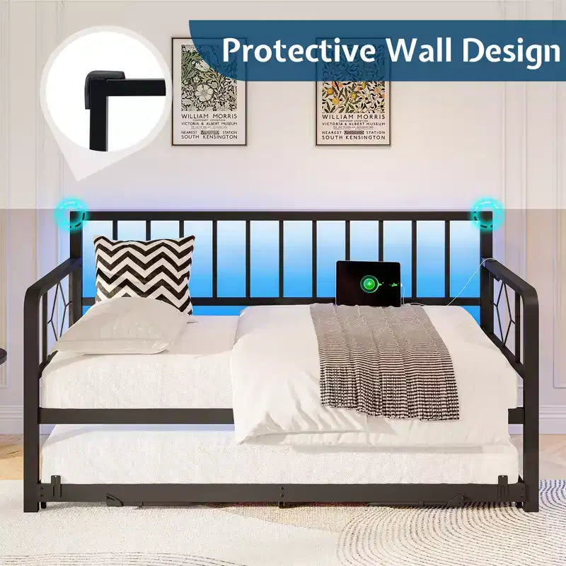 AMERLIFE Divano Letto Singolo con Stazione di Ricarica e Luci a LED, Divano Letto con Letto Estraibile per Soggiorno, Camera da Letto, Camera degli Ospiti