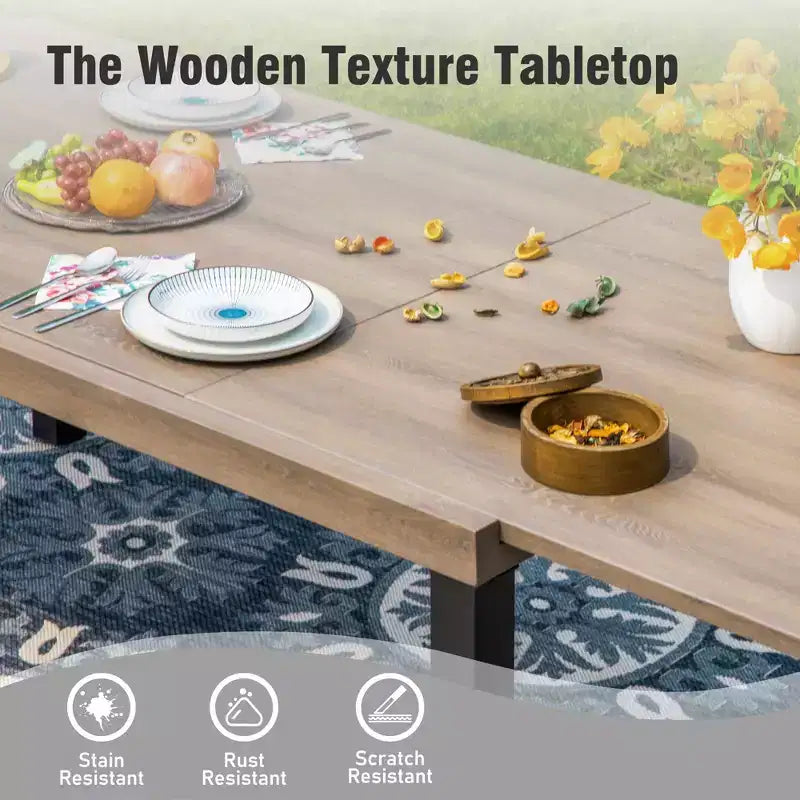 Captiva Designs Set da pranzo da 7 pezzi in acciaio allungabile e sedie in rattan con braccioli a mezzaluna per esterni