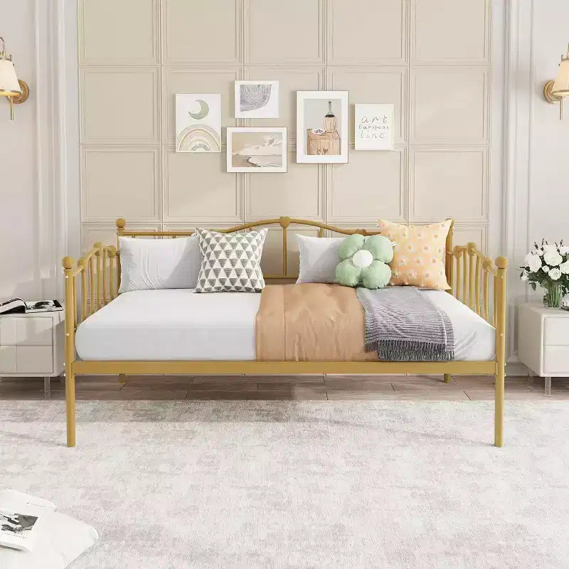 Twin Size Daybed Frame, Metal Platform Sofa Bed with Stylish Headboard, Heavy Duty Steel Slat Support, Space Saving for Living Room