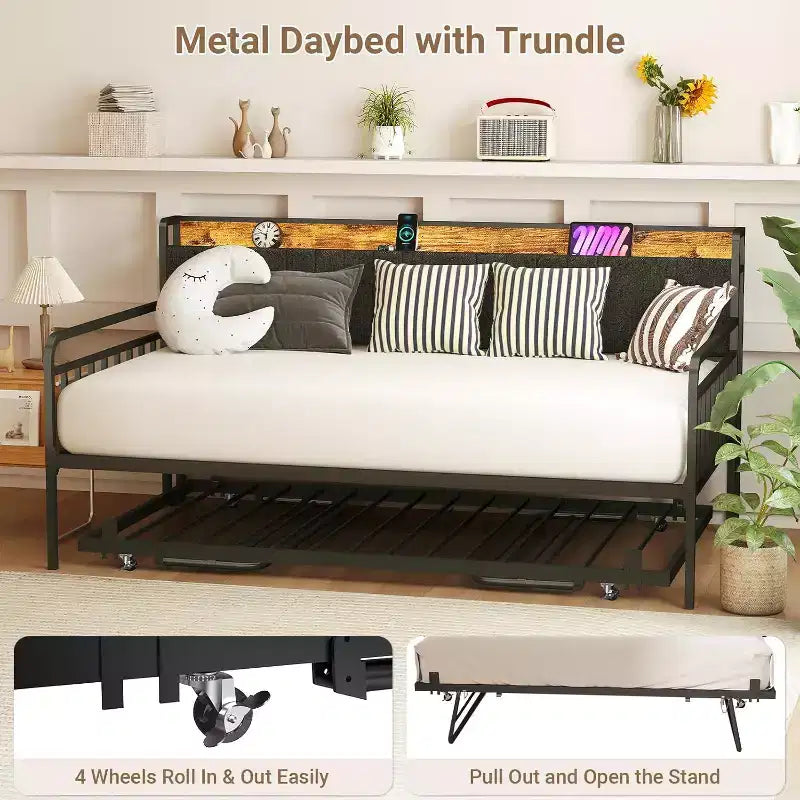 Zevemomo Twin Daybed con rete estraibile a scomparsa, telaio in metallo resistente per letto singolo, testiera imbottita con luci a LED, per soggiorno, camera da letto e camera degli ospiti, nero