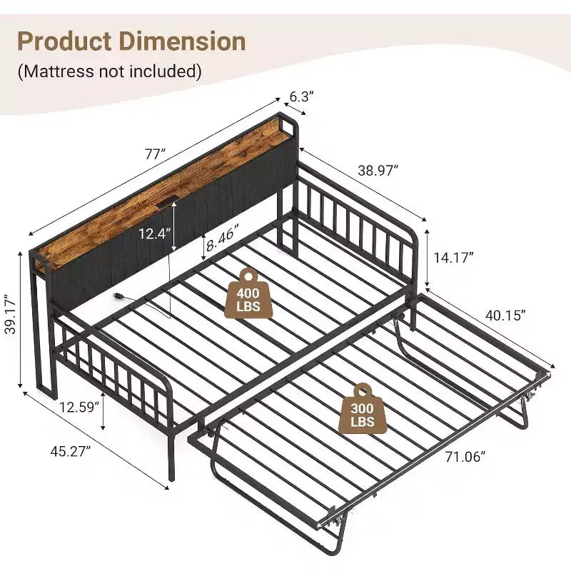 Zevemomo Twin Daybed con rete estraibile a scomparsa, telaio in metallo resistente per letto singolo, testiera imbottita con luci a LED, per soggiorno, camera da letto e camera degli ospiti, nero