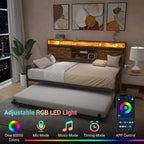 Zevemomo Letto singolo con letto estraibile, con testiera scorrevole a porta di fienile, luci a LED, letto in metallo resistente per soggiorno, camera da letto, camera degli ospiti, marrone