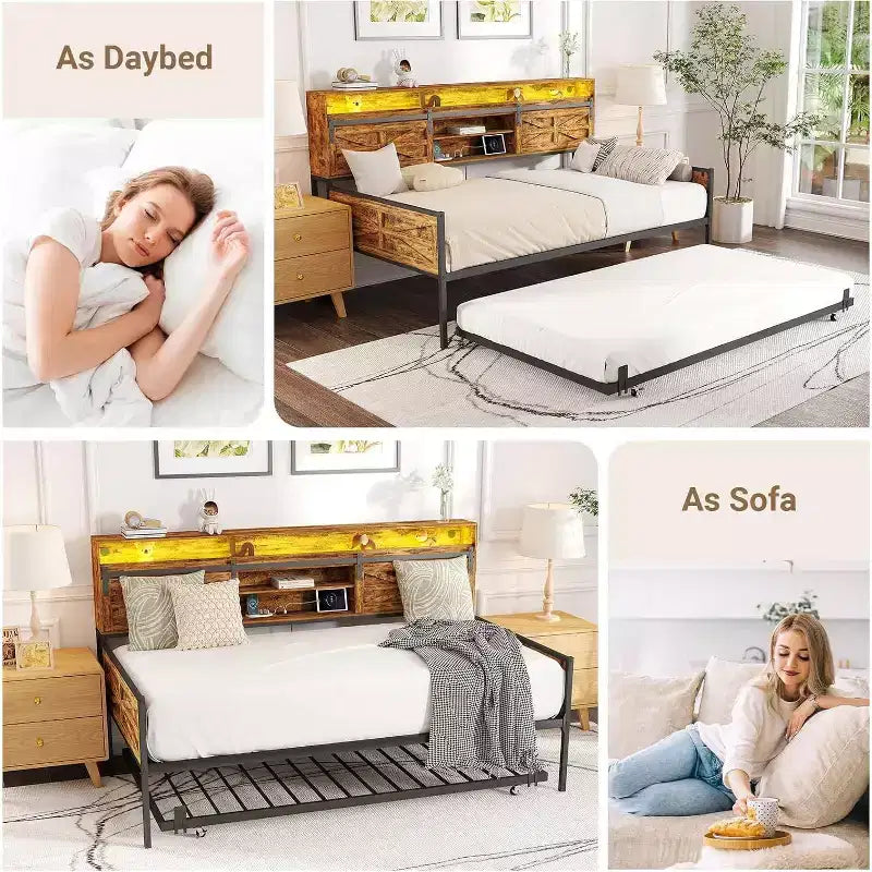 Zevemomo Letto singolo con letto estraibile, con testiera scorrevole a porta di fienile, luci a LED, letto in metallo resistente per soggiorno, camera da letto, camera degli ospiti, marrone