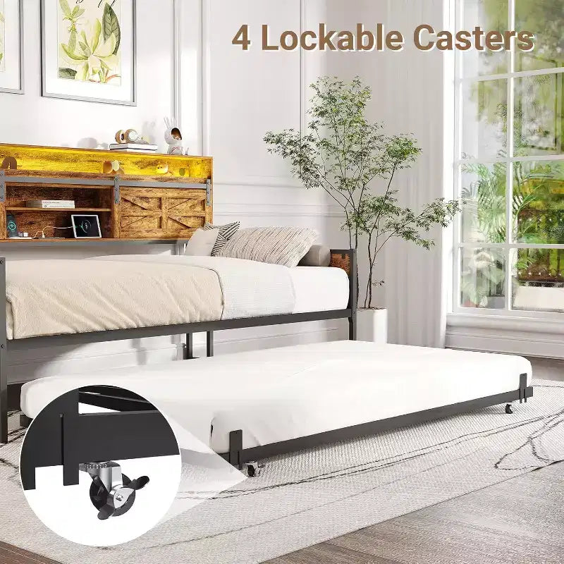 Zevemomo Letto singolo con letto estraibile, con testiera scorrevole a porta di fienile, luci a LED, letto in metallo resistente per soggiorno, camera da letto, camera degli ospiti, marrone