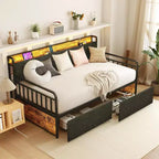 Zevemomo Twin Daybed with 2 Storage Drawers, LED Lights & Upholstered Headboard, Steel Slat Support Metal Frame for Living Room & Bedroom, Black