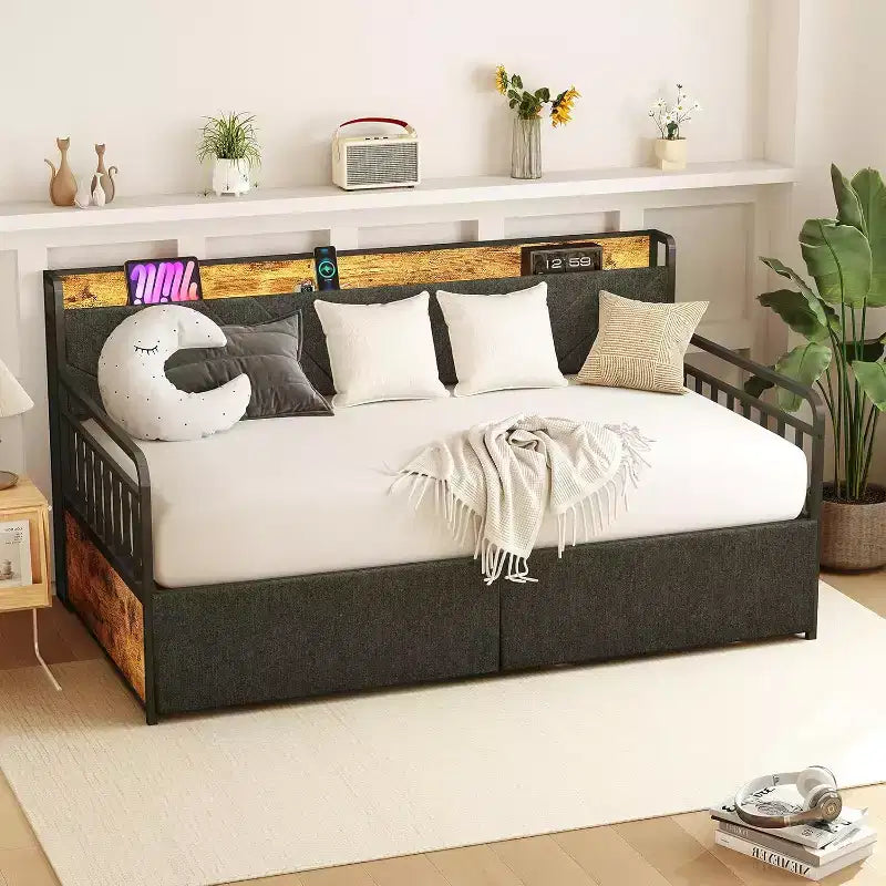 Libreria Zevemomo con due cassetti portaoggetti, luci a LED e testiera imbottita, struttura in metallo con supporto a doghe in acciaio per soggiorno e camera da letto, nero