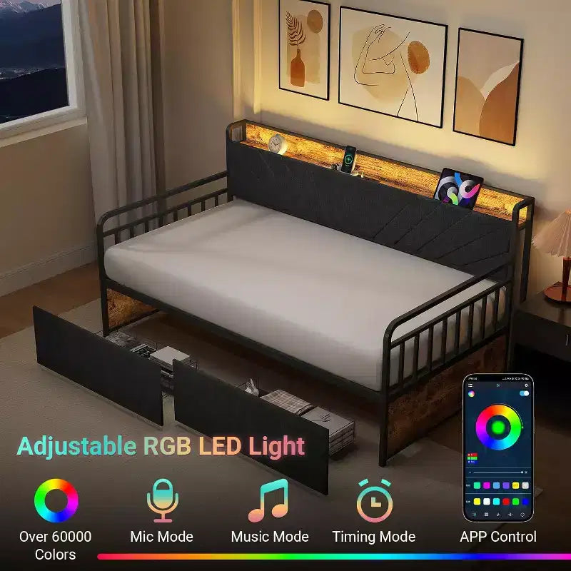 Libreria Zevemomo con due cassetti portaoggetti, luci a LED e testiera imbottita, struttura in metallo con supporto a doghe in acciaio per soggiorno e camera da letto, nero