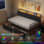 Libreria Zevemomo con due cassetti portaoggetti, luci a LED e testiera imbottita, struttura in metallo con supporto a doghe in acciaio per soggiorno e camera da letto, nero