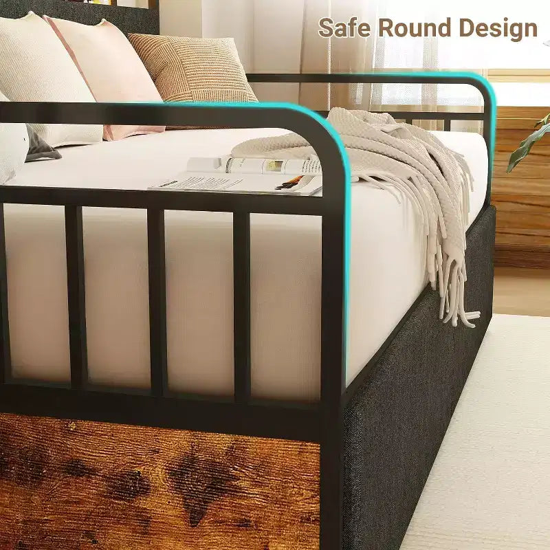 Libreria Zevemomo con due cassetti portaoggetti, luci a LED e testiera imbottita, struttura in metallo con supporto a doghe in acciaio per soggiorno e camera da letto, nero