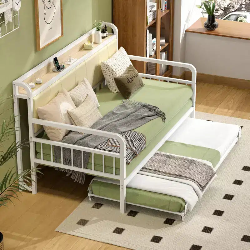 VECELO Letto a Giorno con Letto Estraibile, Struttura Letto con Testiera Contenitore e Stazione di Ricarica, Divano Letto con Forte Supporto per Soggiorno o Camera da Letto