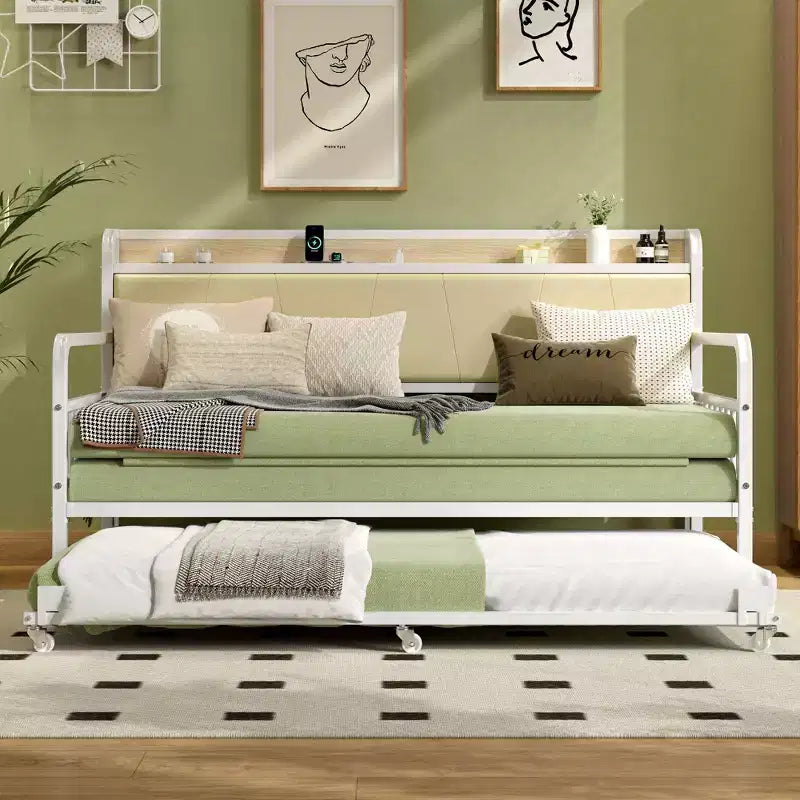 VECELO Letto a Giorno con Letto Estraibile, Struttura Letto con Testiera Contenitore e Stazione di Ricarica, Divano Letto con Forte Supporto per Soggiorno o Camera da Letto