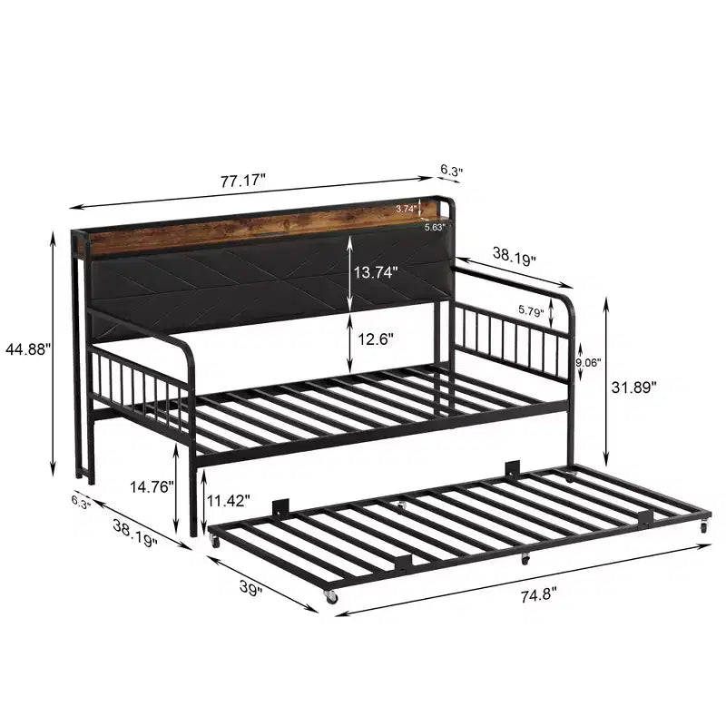 VECELO Letto a Giorno con Letto Estraibile, Struttura Letto con Testiera Contenitore e Stazione di Ricarica, Divano Letto con Forte Supporto per Soggiorno o Camera da Letto